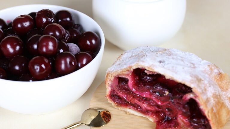 Tender cherry pie with a French recipe strudel
